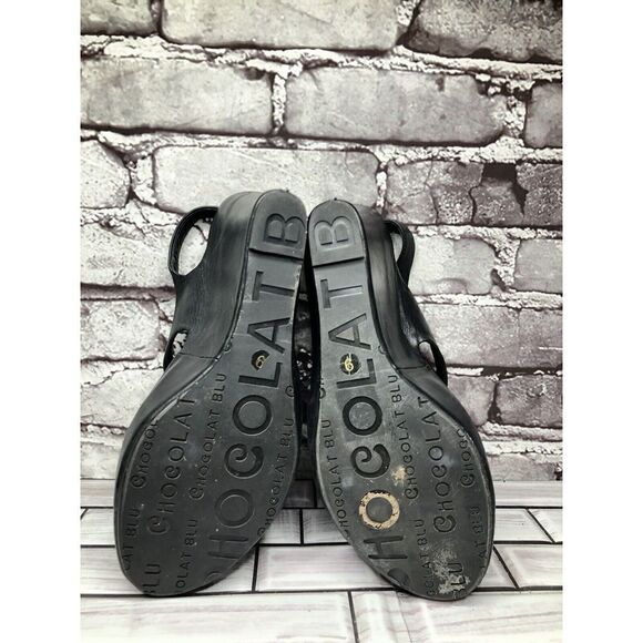 Chocolat Blu Cortez Black Leather Platform Wedge Strap Sandals Women Sz 9M US/40 - Picture 16 of 16